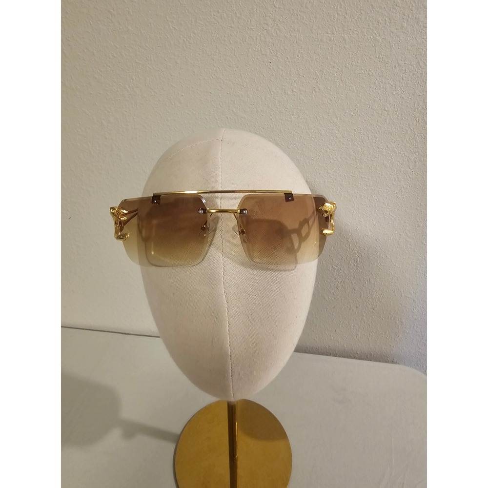 Gold Rimless Rectangle Sunglasses Panther Detail Brown Gradient Lens